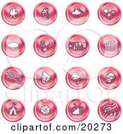 Clipart Illustration Of A Collection Of Red Entertainment Icons Of A Video Camera Microphone Magic Trick Billiards Blimp Electric Guitar Museum Clapboard Film Strip Theatre Mask Painting Circus Tent Basketball Tv And Music