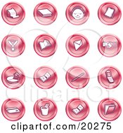 Poster, Art Print Of Collection Of Red Icons Of A Cash Register Book Customer Service Medal Envelope Handshake Pie Chart Pen Cell Phone Credit Card And Folder