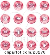 Collection Of Red Icons Of A Bomb Computer Letter Magnifying Glass Book Film Cogs Eye Door Flashlight Messenger Padlocks And Reminder
