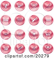 Clipart Illustration Of A Collection Of Red Icons Of A Knee Joint Pills Heart Wheat Shoes Chart Water Bottle Weights Bike Swimmer Fitness Clothes Muscles Lungs And Trophy