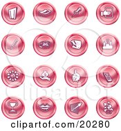 Poster, Art Print Of Collection Of Red Icons Of A Door Tape Dispenser Tack Pencil Phone Champion Lightbulb Money Bag Piggy Bank Cell Phone Trophy Lips Chart And Plant