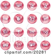 Clipart Illustration Of A Collection Of Red Entertainment Icons Of A Microphone Disc Upload Download Credit Card Computer Telephone Spider Searching Key Faq Record Player Controller Home Typing And Email