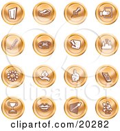 Poster, Art Print Of Collection Of Orange Icons Of A Door Tape Dispenser Tack Pencil Phone Champion Lightbulb Money Bag Piggy Bank Cell Phone Trophy Lips Chart And Plant
