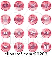 Poster, Art Print Of Collection Of Red Icons Of Music Notes Guitar Clapperboard Atom Microscope Atoms Messenger Painting Book Circus Tent Globe Masks Sports Balls And Math