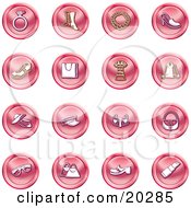 Clipart Illustration Of A Collection Of Red Fashion Icons Of A Diamond Ring Boots Necklace Shoes Purses Dress Jacket Hats Sunglasses And Lipstick