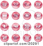 Clipart Illustration Of A Collection Of Red Icons Of A Computer Viewfinder Wireless Questions And Answer Castle Music Forward Back Www Mail Math And Camera