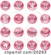 Poster, Art Print Of Collection Of Red Icons Of A Polaroid News Cubes Padlock Www Search Book Alarm Clock Connectivity Messenger Speaker Calculator Home Blog And Joystick