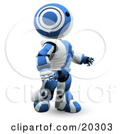 Poster, Art Print Of Blue And White Ao-Maru Robot Gazing Slightly Upwards And Walking