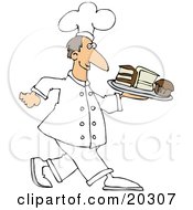 Clipart Illustration Of A Happy White Male Chef In Uniform Carrying A Tray Of Cake Slices And Cupcakes