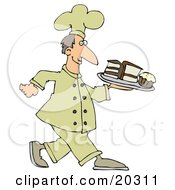 Poster, Art Print Of Happy White Male Chef In A Yellow Hat And Uniform Carrying A Cupcake And Slices Of Cake On A Tray In A Bakery