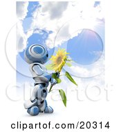 Clipart Illustration Of A Blue And White Ao-Maru Robot Holding A Big Yellow Sunflower Under A Burst Of Sunlight In A Cloudy Blue Sky