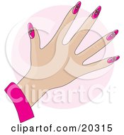 Clipart Illustration Of A Womans Hand With Pink Nails Decorated With Daisy Floral Designs Over A Pink Circle by Maria Bell