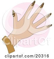 Clipart Illustration Of A Womans Hand With Acrylic Leopard Print Fingernails After A Manicure Over A Pink Circle by Maria Bell