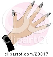 Clipart Illustration Of A Womans Manicured Hand With Gel Acrylic Zebra Print Fingernails Over A Pink Circle by Maria Bell