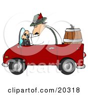 Clipart Illustration Of A Man Driving A Red Compact Convertible Truck With A Beer Keg In The Back Delivering Brew To An Oktoberfest Party