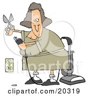 Poster, Art Print Of Lady Cutting The Ground Prong Off Of A Vacuume Electrical Plug In Chord In Order To Get It To Fit Into The Socket