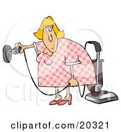 Clipart Illustration Of A Blond House Keeper Trying To Figure Out How To Plugin A Vacuum Into A Weird Electrical Socket
