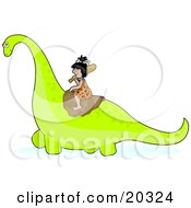 Clipart Illustration Of A Female Cavewoman In A Leopard Print Cloth Wearing A Bone In Her Hair Carrying A Club Over Her Shoulder And Riding A Dinosaur