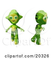 Poster, Art Print Of Two Cute Green And Yellow Alien Toys Walking And Looking Around Curiously After Arriving In A New Environment