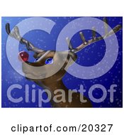 Poster, Art Print Of Rudolph The Red Nosed Reindeer Standing In The Snow On A Cold Winter Night Looking Upwards At The Sky With His Big Blue Eyes Looking Forward To Leading Santas Sleigh