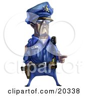 Tough Male Police Officer In A Blue Uniform Holding His Fingers Out Like A Pistil