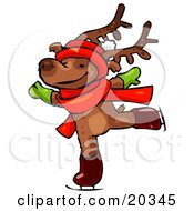 Reindeer Character Wearing A Santa Hat Scarf And Mittens Holding His Arms Out While Figure Ice Skating