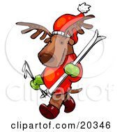 Poster, Art Print Of Reindeer Character Wearing A Santa Hat Mittens And A Sweater Carrying Skis And Poles And Going Skiing