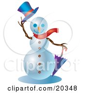Friendly Snowman Wearing A Red Scarf Holding An Umbrella And Lifting His Hat While Greeting