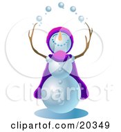 Jolly Snowman Wearing A Purple And Pink Cape And Hat Looking Upwards And Juggling Snowballs