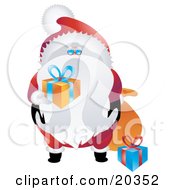 Poster, Art Print Of Saint Nicholas In His Red And White Uniform Holding Wrapped Gifts For Good Boys And Girls
