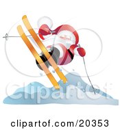 Poster, Art Print Of Father Christmas In His Red And White Uniform Catching Cold Air While Skiing