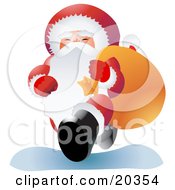 Santa Claus In His Red And White Uniform Smiling While Carrying A Heavy Sack Of Toys Over His Shoulder