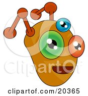 Poster, Art Print Of Monster Or Alien Face With Orange Antennae And Three Eyes One Orange One Blue And One Green