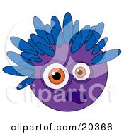 Poster, Art Print Of Scared Purple Alien Or Monster Face With Blue Spikes On The Head And Big Orange Eyes