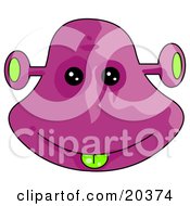 Poster, Art Print Of Goofy Purple Monster Face With Black Eyes A Green Tongue And Antenna Ears