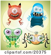 Collection Of Four Scary Monsters With Teeth Over A Pale Green Background