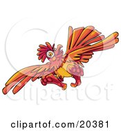 Looney Orange Rooster Flying With His Feet Sticking Outwards