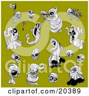 Poster, Art Print Of Collection Of Scary And Evil Halloween Ghosts Skeletons And Skulls On A Green Background