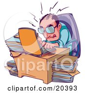 Stressed And Overwhelmed Businessman Typing Away On His Laptop At His Desk Surrounded By Stacks Of Files
