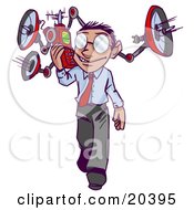 Clipart Illustration Of A Busy Businessman Walking On A Sidewalk And Answering A Call With A Weird Robotic Phone With Satellites by Tonis Pan