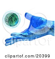 Clipart Illustration Of A Blue Hand With Circuits Releasing A Small Planet Into The Atmosphere Symbolizing Creation And Environment by Tonis Pan