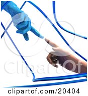 Poster, Art Print Of Blue Robotic Hand Reaching To Touch Fingers With A Human Hand Surrounded By Blue Curving Tubes