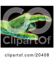 Poster, Art Print Of Green Circuit Robotic Hand Pointing To The Right Over A Black Background