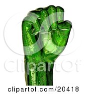 Green Cyborg Hand With A Circuit Pattern Clenched In A Fist Isolated On White