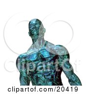 Poster, Art Print Of Strong And Muscular Robotic Man With Circuits Looking Upwards Over A White Background
