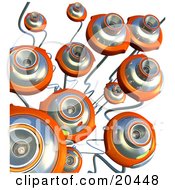 Poster, Art Print Of Group Of Orange Webcams With Long Cables Pointing Upwards Over A White Background