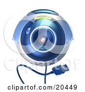 Isolated Blue Computer Webcam With A Usb Cable Facing Front Over A White Background