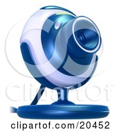 Blue And Gray Web Camera Pointinted Slightly Upwards Over A White Background