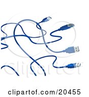 Poster, Art Print Of Four Blue Usb Cables With Curving Cords Over A White Background