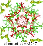 Poster, Art Print Of Red And Green Kaleidoscope Star Shapes Over A White Background